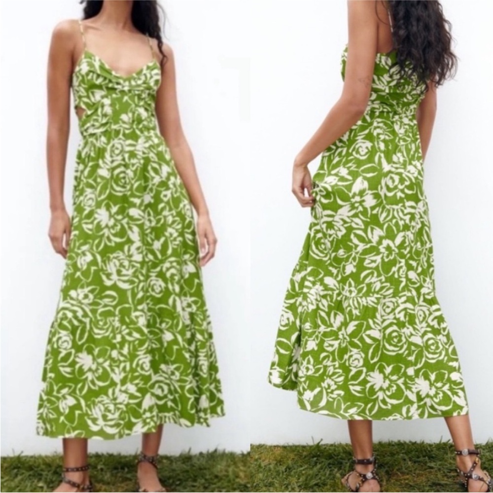 Zara Green and White Floral Maxi Dress